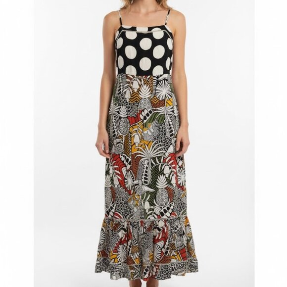 FARM Rio for Anthropologie Black Polka Dot Multi-Print Tiered Midi Dress Size M - Picture 1 of 9